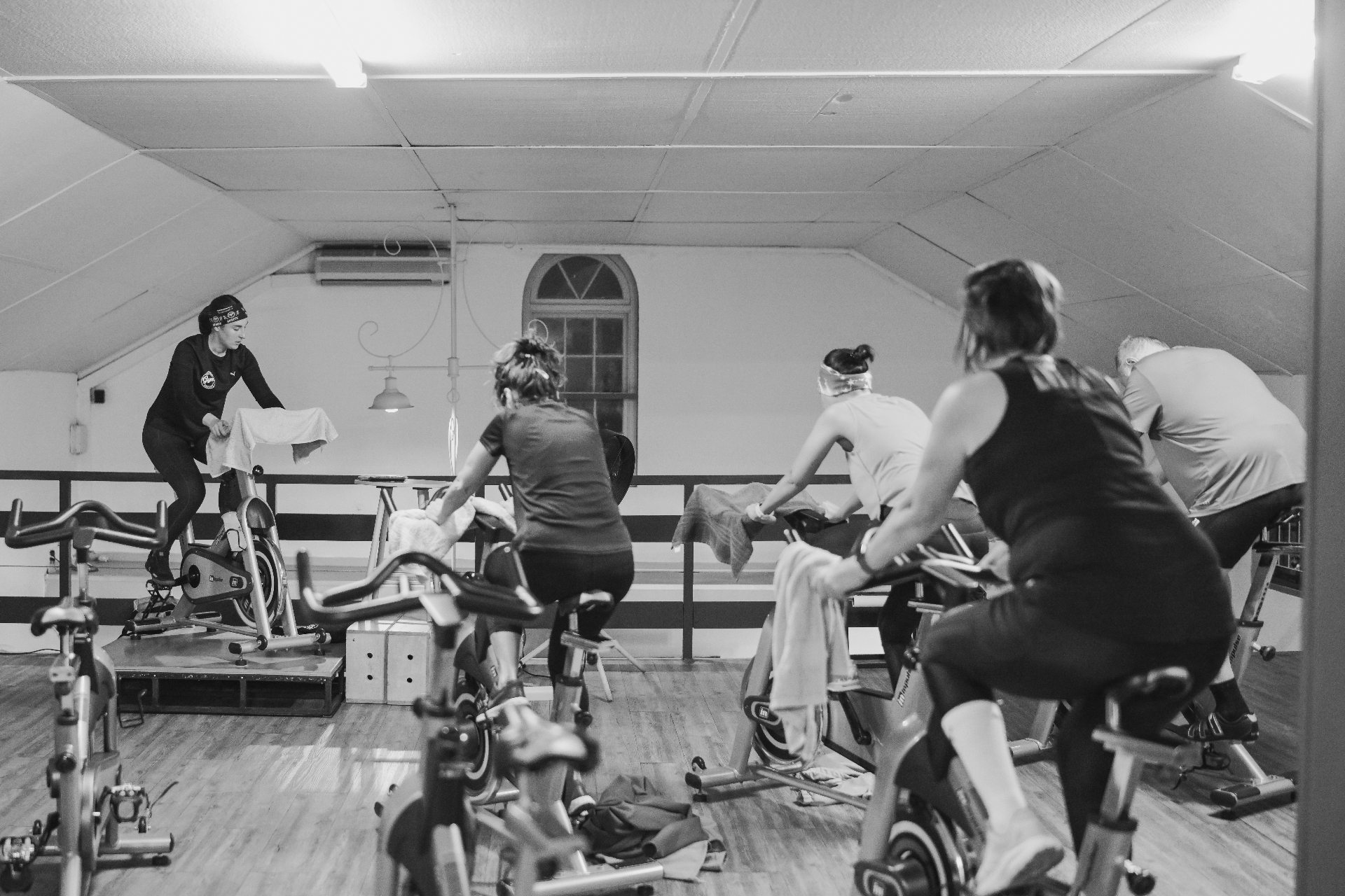 Indoor spinning class in session at Time2Train